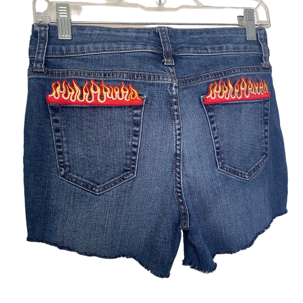 St Johns Bay blue denim cutoff jeans shorts distressed frayed flames size 4 P